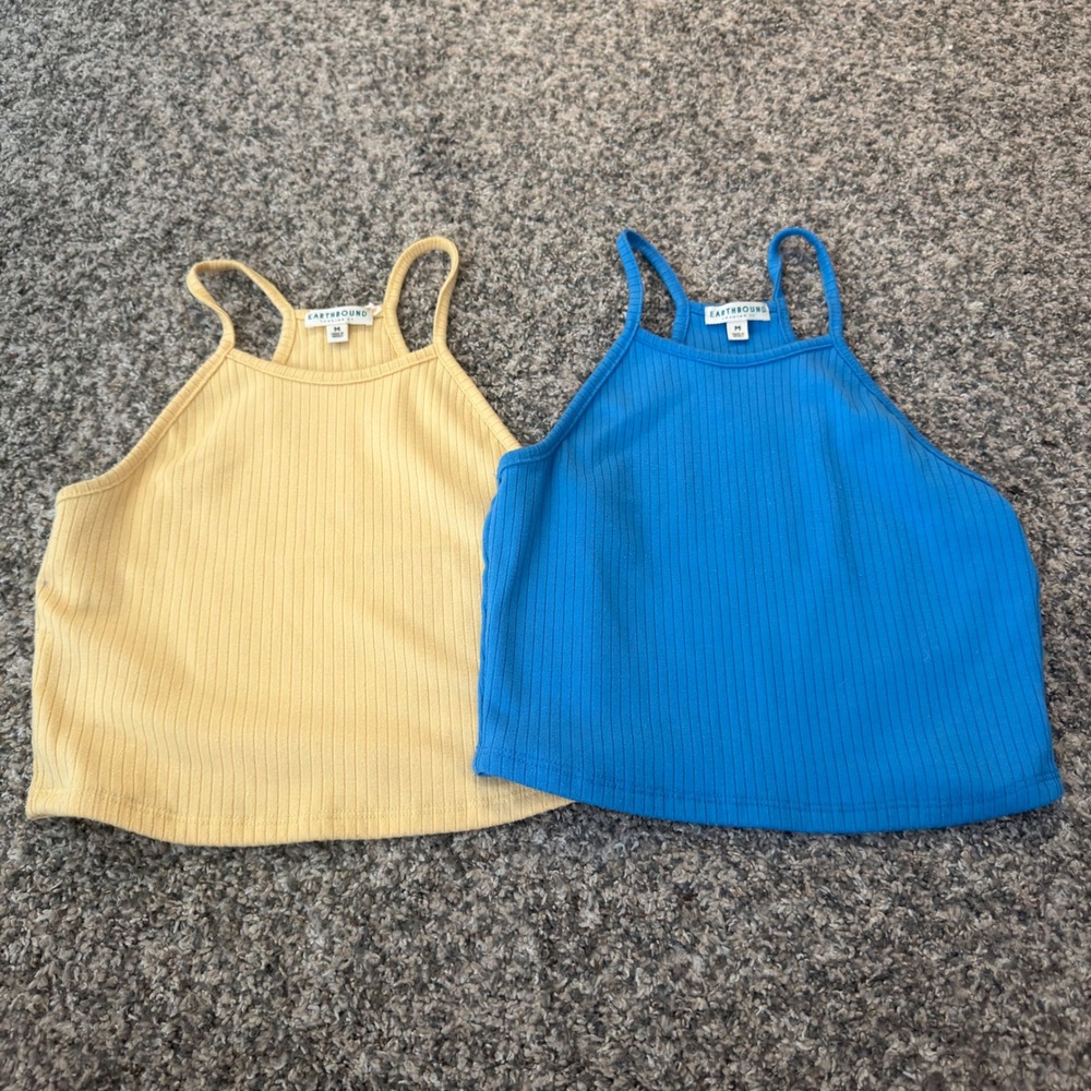Earthbound Trading Co Ribbed Halter Crop Top Bundle Blue Yellow Medium 2pk